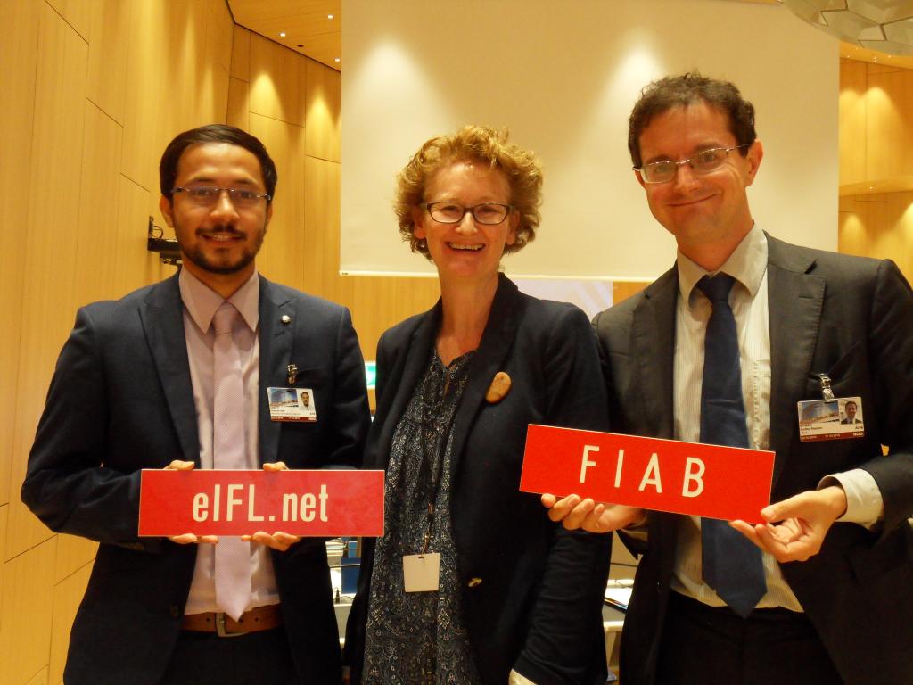 The library delegation at the 56th WIPO General Assembly: Pratyush Nath Upreti and Teresa Hackett (EIFL), Stephen Wyber (IFLA)