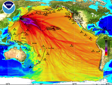 NOAA Energy map shows the intensity of the tsunami in the Pacific Ocean caused by the magnitude 8.9 earthquake