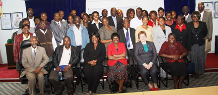 IFLA Secretary General Jennefer Nicholson (seated, second from right) with conference delegates; photo by Jacinta Were 