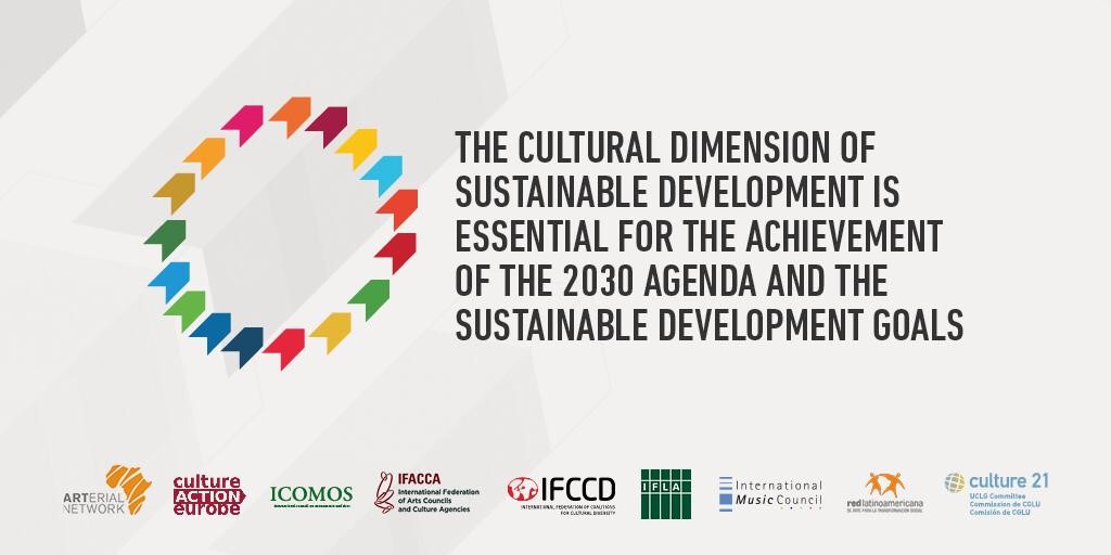 Image - arrows in the colours of the SDGs. Text: the cultural dimension of sustainable development is essential for the achievement of the 2030 Agenda and the Sustainable Development Goals