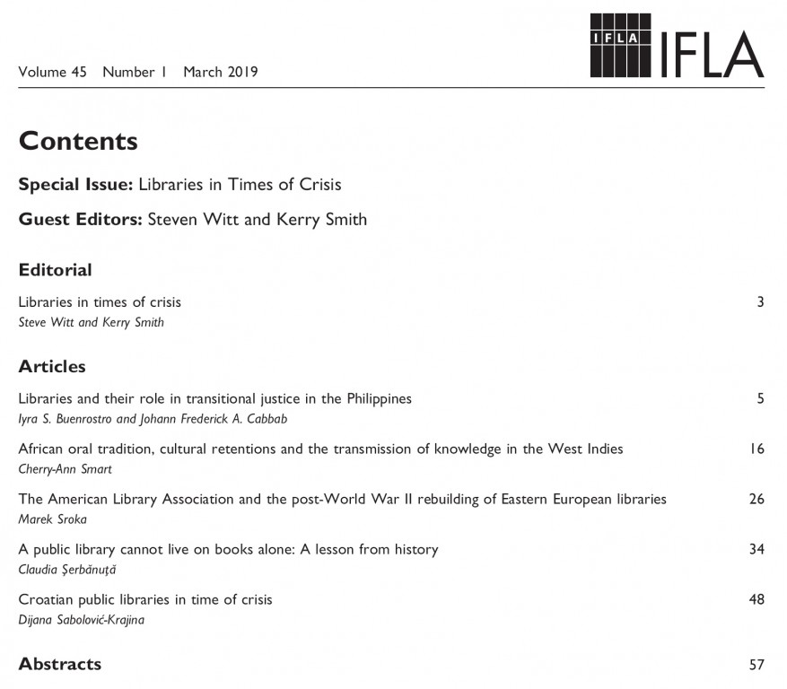 IFLA Journal Special Issue on Libraries in Times of Crisis