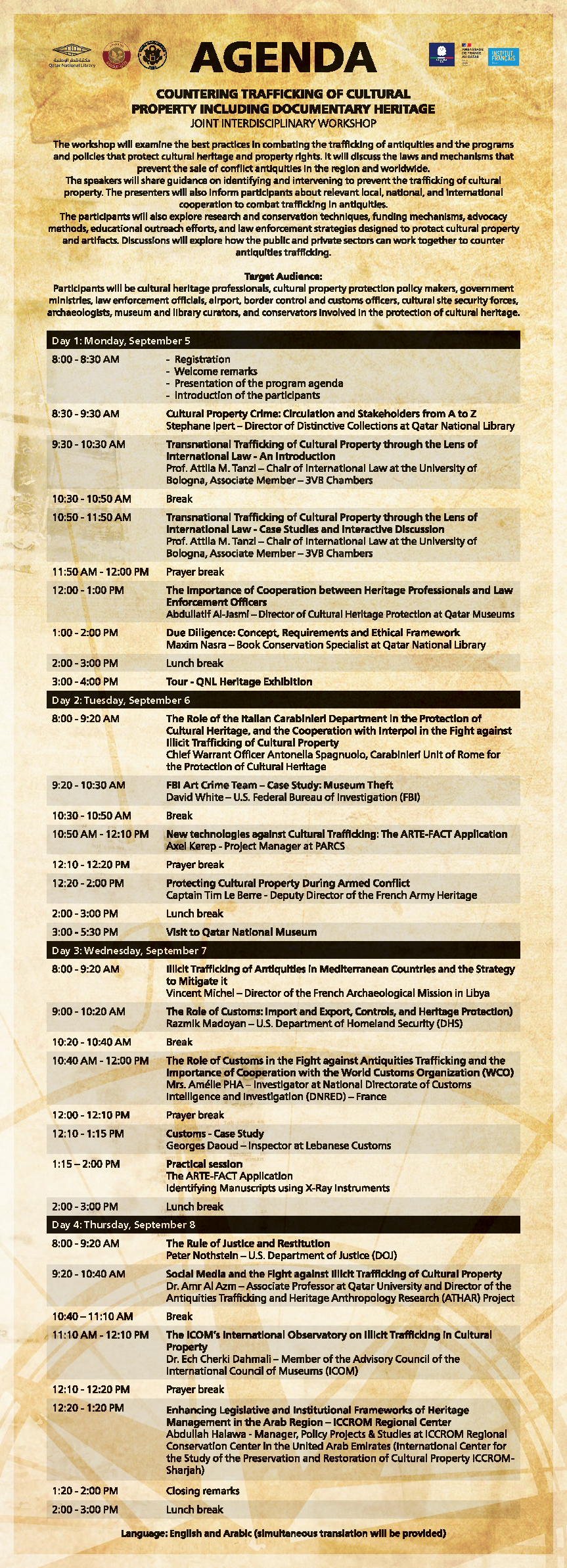 Agenda: Joint Inter-disciplinary Workshop on Countering Trafficking of Cultural Property including Documentary Heritage