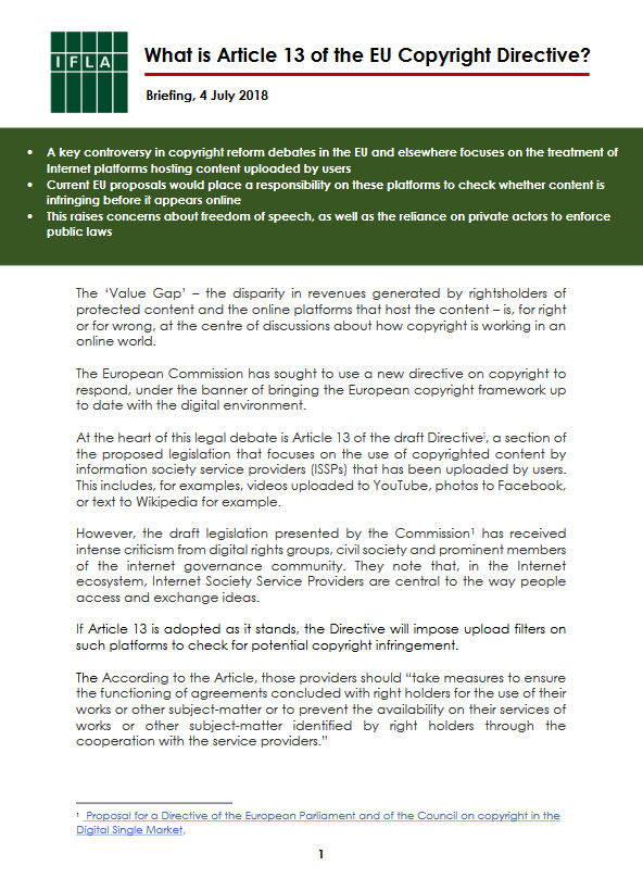 First page of IFLA Briefing on Article 13