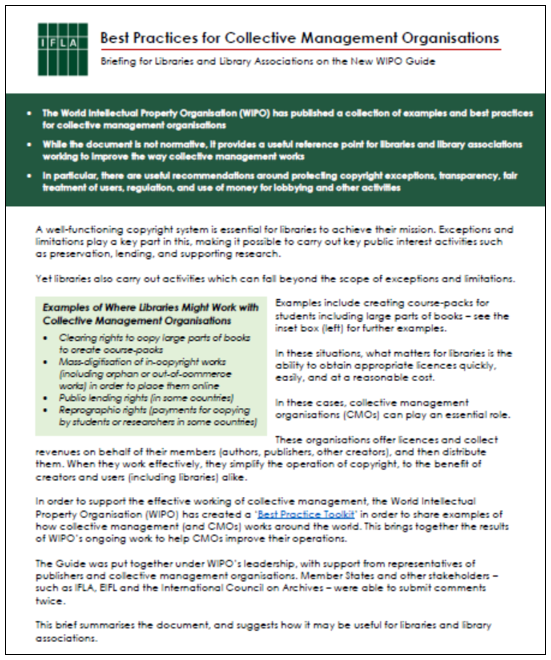 First page of IFLA Brief on WIPO CMO Best Practice Toolkit