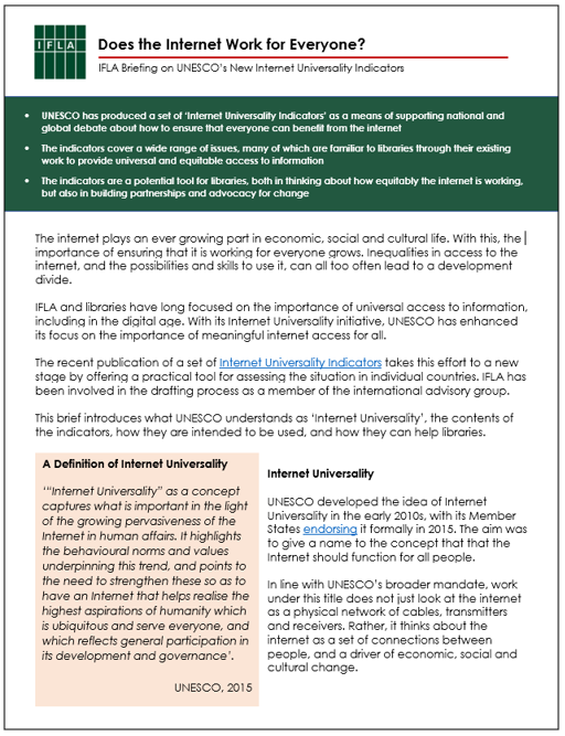 Front page of the IFLA Brief on the UNESCO Internet Universality Indicators