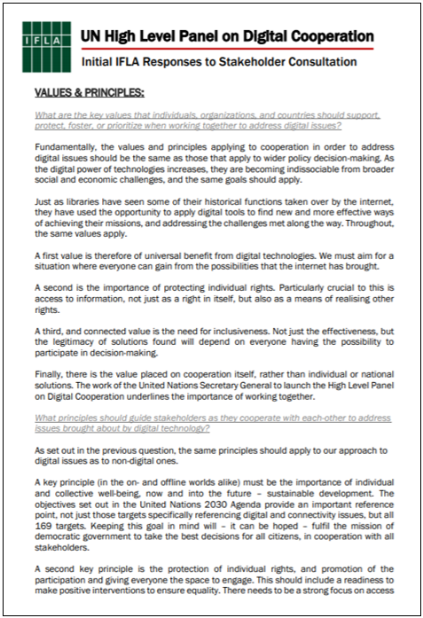 First page of IFLA Initial Response to UN High-Level Panel on Digital Cooperation