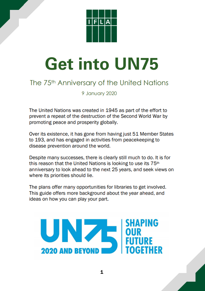 Front page of IFLA Get into UN75 Guide