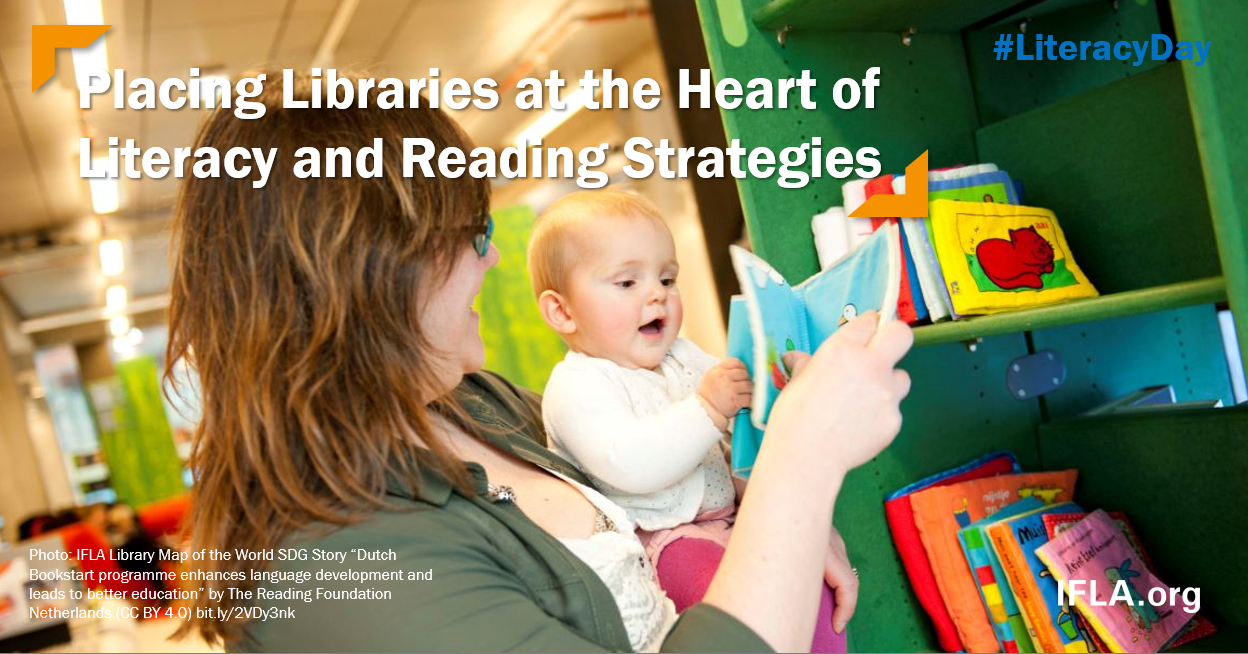 Image: Woman with child looking at books. Text: Placing LIbraries at the Heart of Literacy and Reading Strategies.